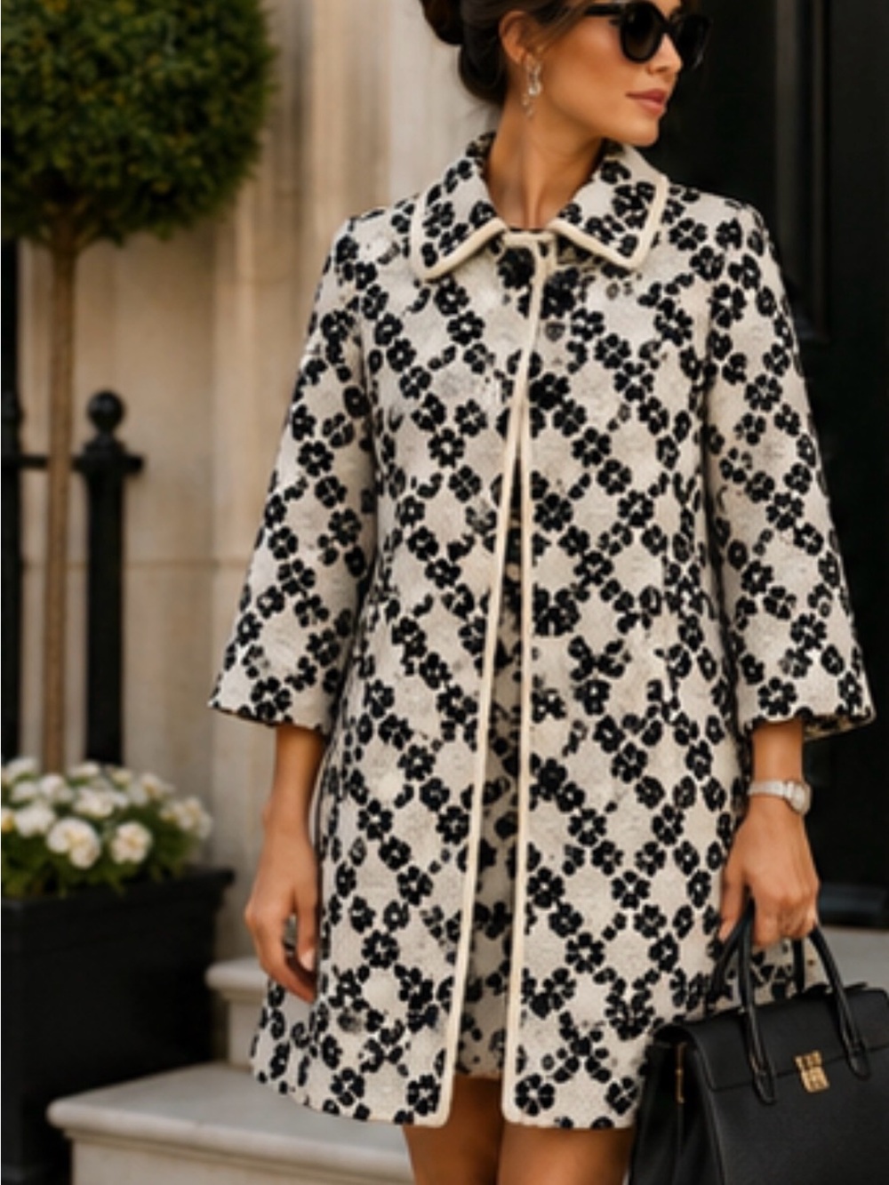 kate spade Black and Cream Floral Bouclé Pea Coat Never Worn